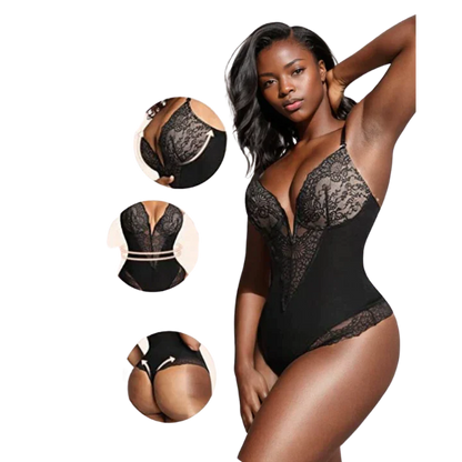 ChicBodys™ - Deep V Neck Lace Thong Bodysuit 