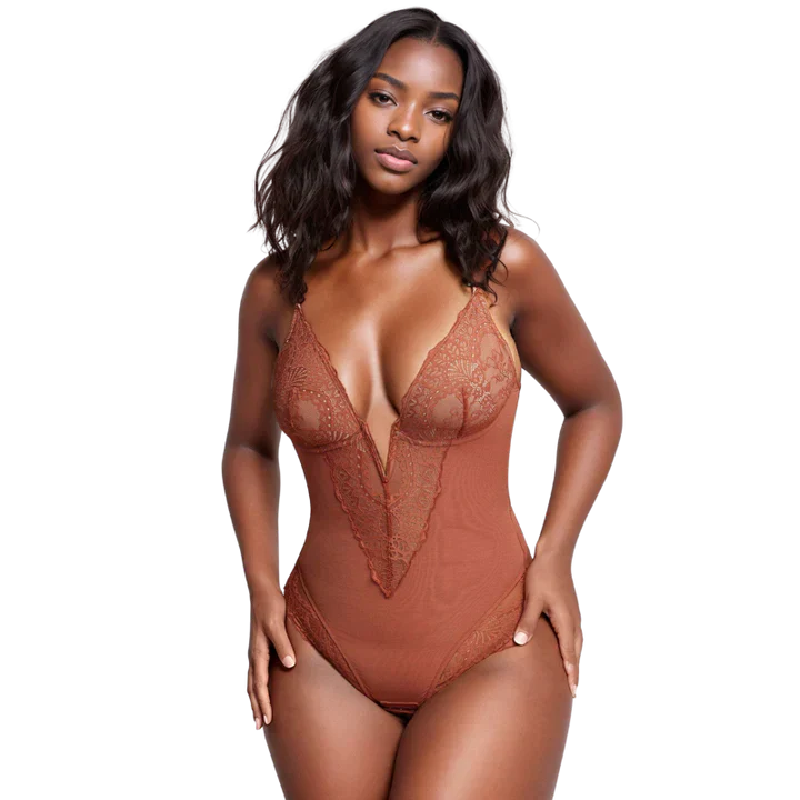 ChicBodys™ - Deep V Neck Lace Thong Bodysuit 