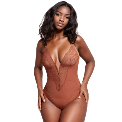 ChicBodys™ - Deep V Neck Lace Thong Bodysuit 