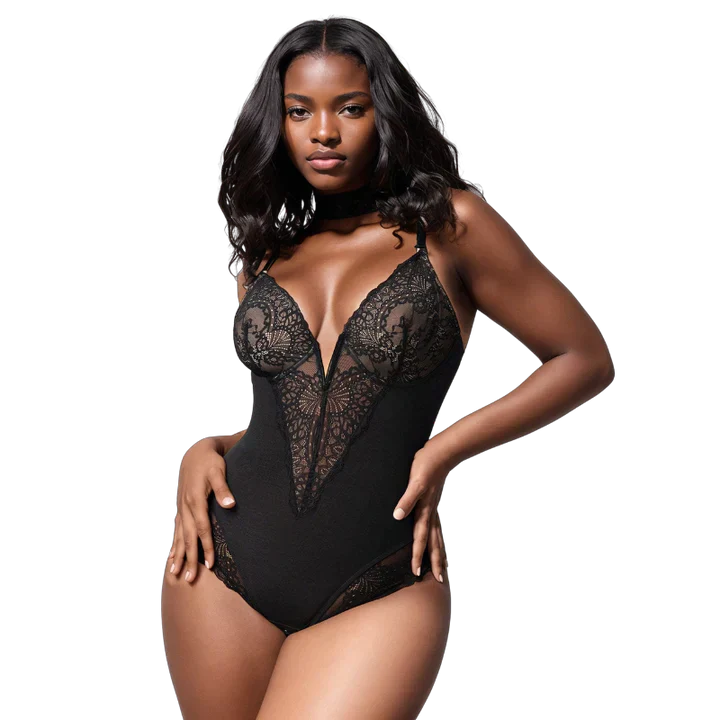 ChicBodys™ - Deep V Neck Lace Thong Bodysuit 