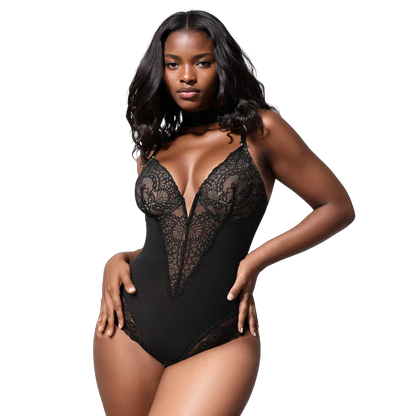 ChicBodys™ - Deep V Neck Lace Thong Bodysuit 