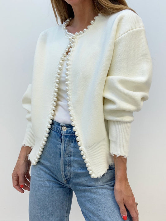 BEAUVOGUE - Cardigan with pearl trim and torn hem