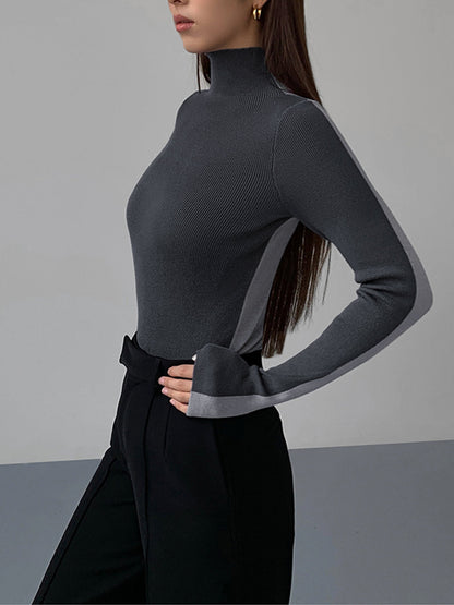 BEAUVOGUE - Two-tone double-sided knitted long sleeve top