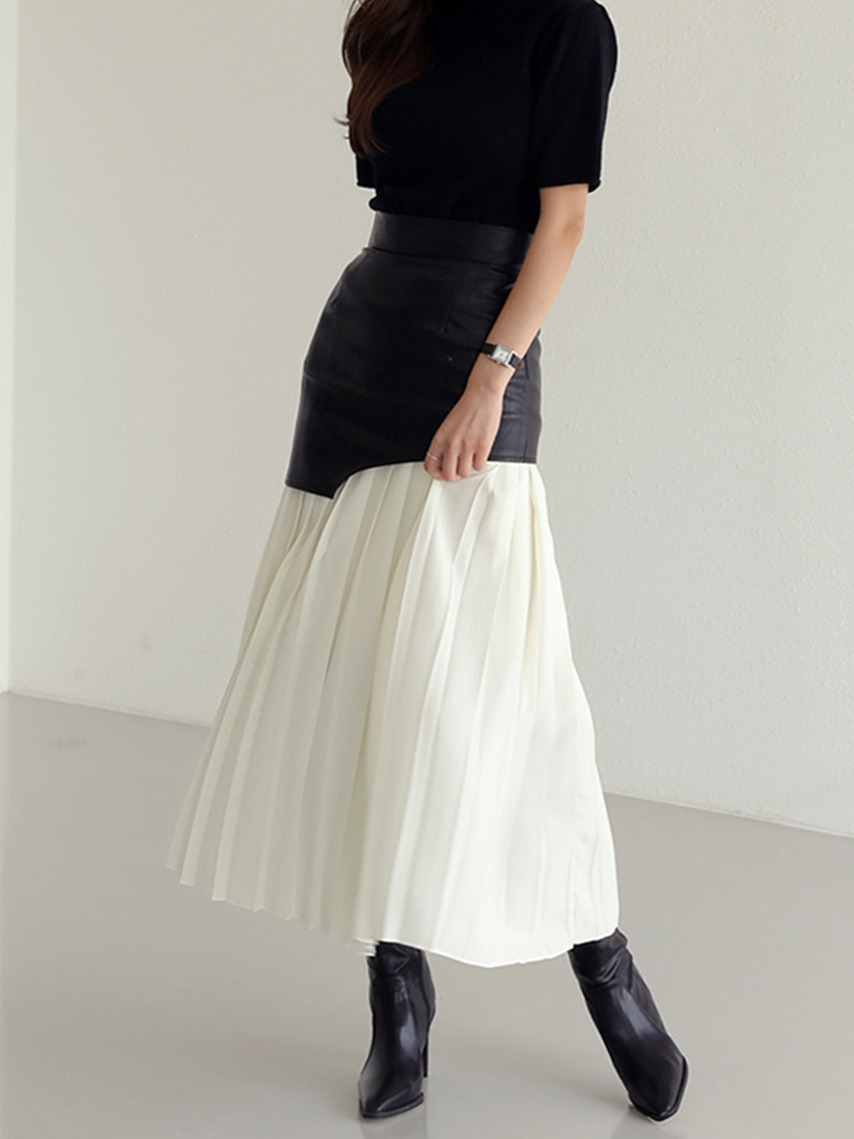 BEAUVOGUE - Asymmetrical patchwork chiffon pleated midi skirt