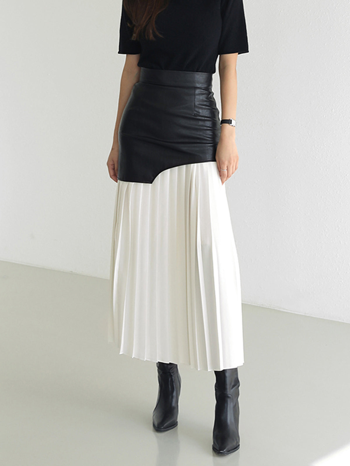 BEAUVOGUE - Asymmetrical patchwork chiffon pleated midi skirt