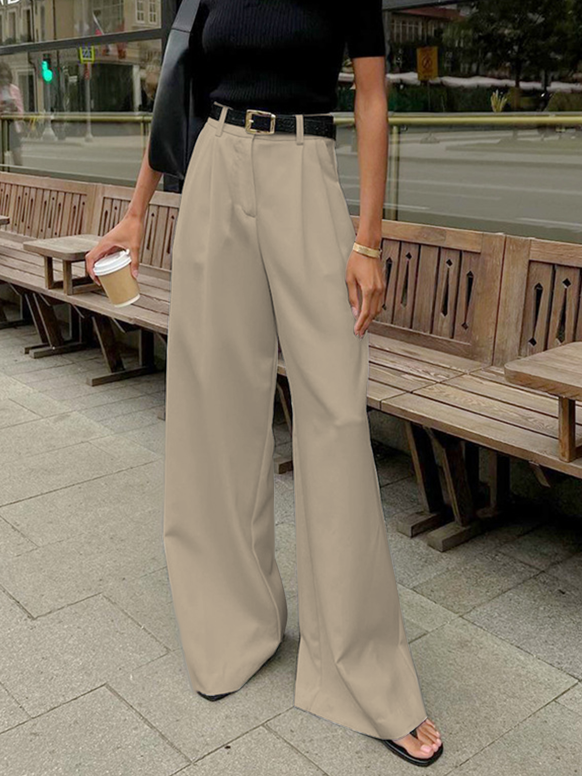 BEAUVOGUE - Plain wide leg trousers without belt