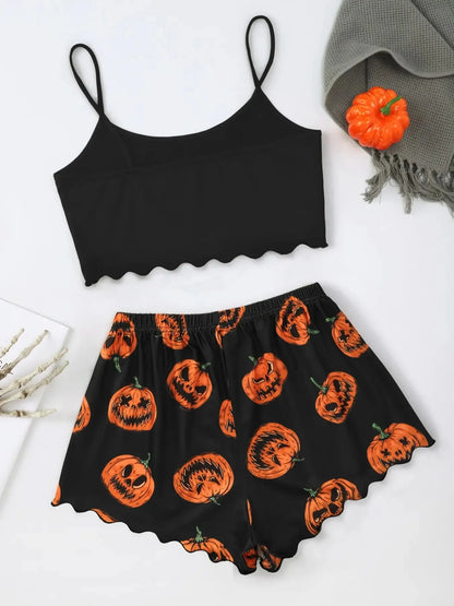 Dames Pyjama Set Halloween Pompoen Skelet Print Cami Top & Sla Trim Short Nachtkleding & Loungewear