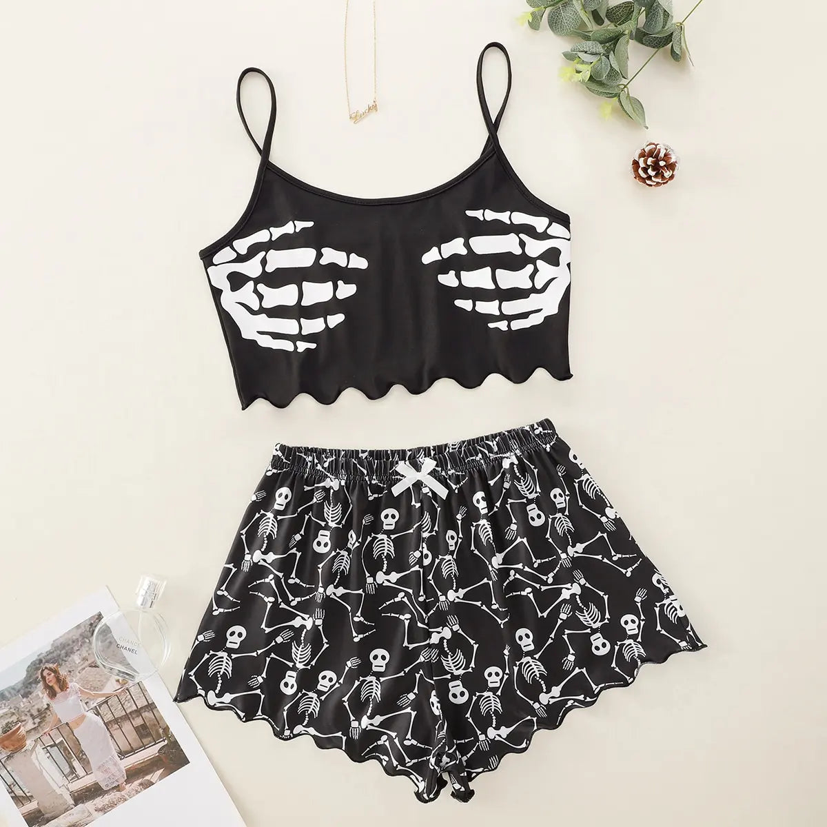 Dames Pyjama Set Halloween Pompoen Skelet Print Cami Top & Sla Trim Short Nachtkleding & Loungewear