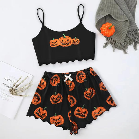 Dames Pyjama Set Halloween Pompoen Skelet Print Cami Top & Sla Trim Short Nachtkleding & Loungewear