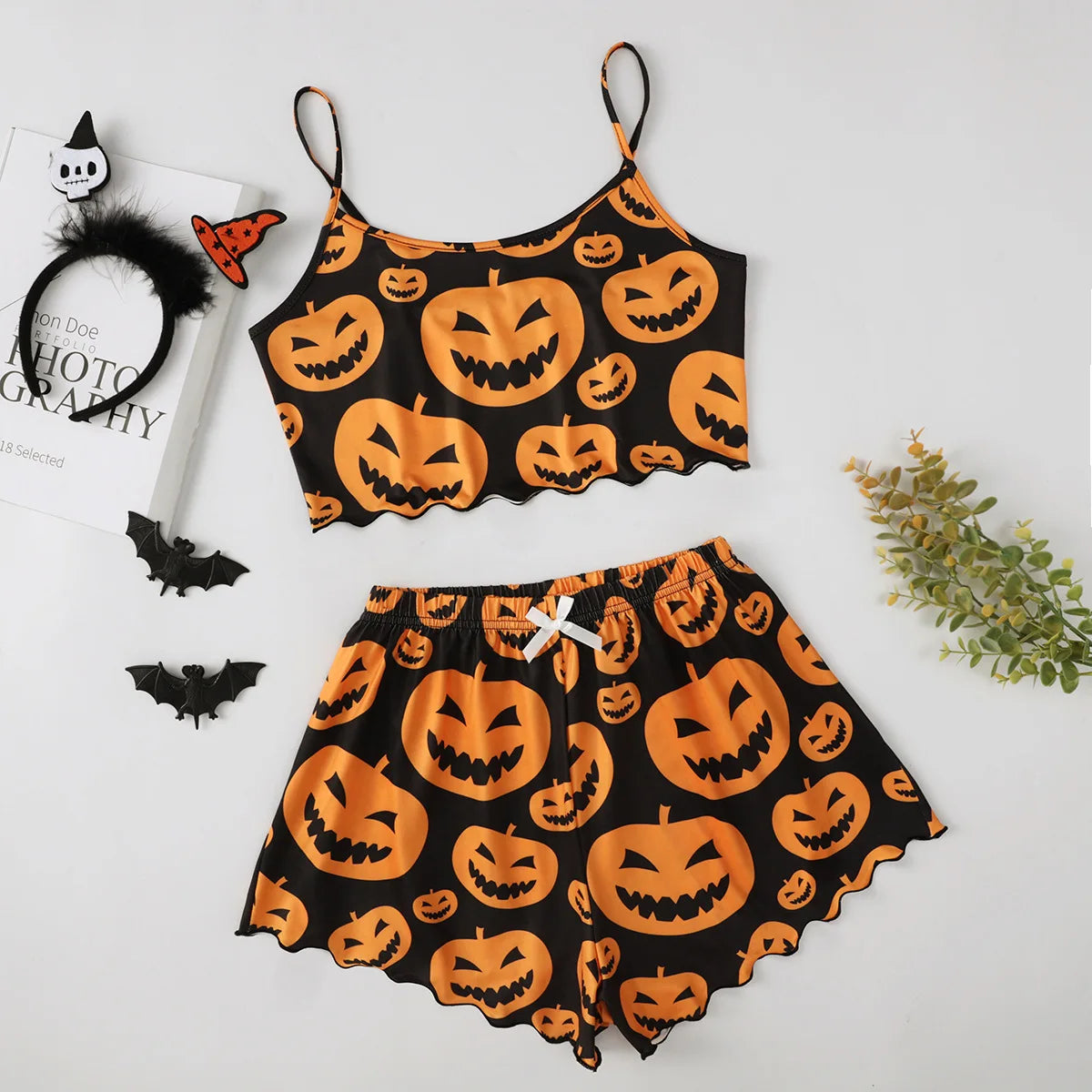 Dames Pyjama Set Halloween Pompoen Skelet Print Cami Top & Sla Trim Short Nachtkleding & Loungewear