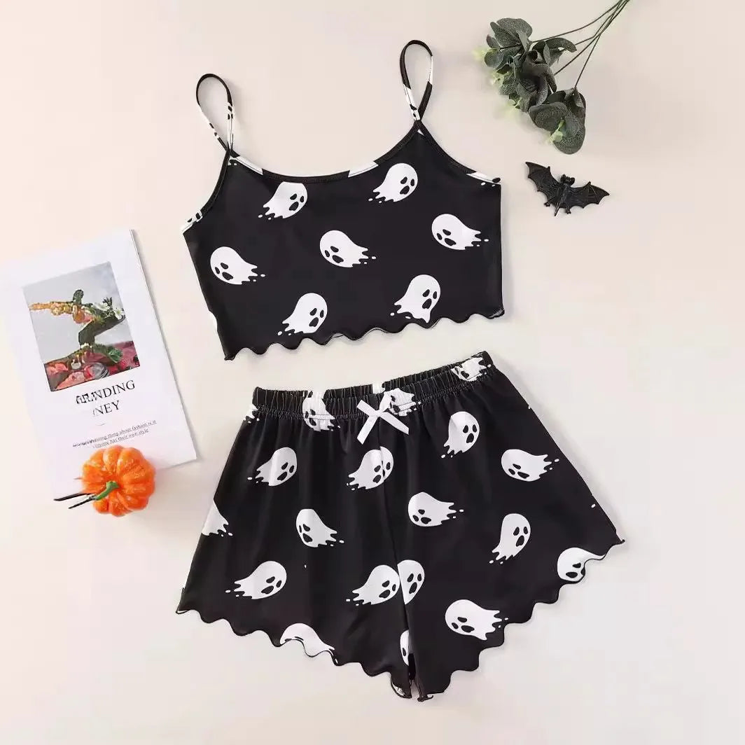 Dames Pyjama Set Halloween Pompoen Skelet Print Cami Top & Sla Trim Short Nachtkleding & Loungewear