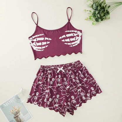 Dames Pyjama Set Halloween Pompoen Skelet Print Cami Top & Sla Trim Short Nachtkleding & Loungewear